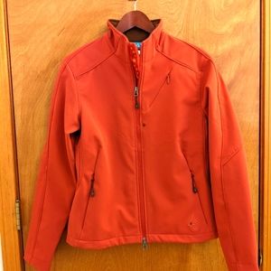 Isis brand softshell jacket, peach coral garnet color with fleece lining, size 8